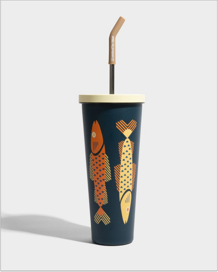 Rainstorm - Fish 24 oz Insulated Steel Straw Tumbler (Angle): Navy tumbler with orange and yellow geometric fish, cream lid, bent straw