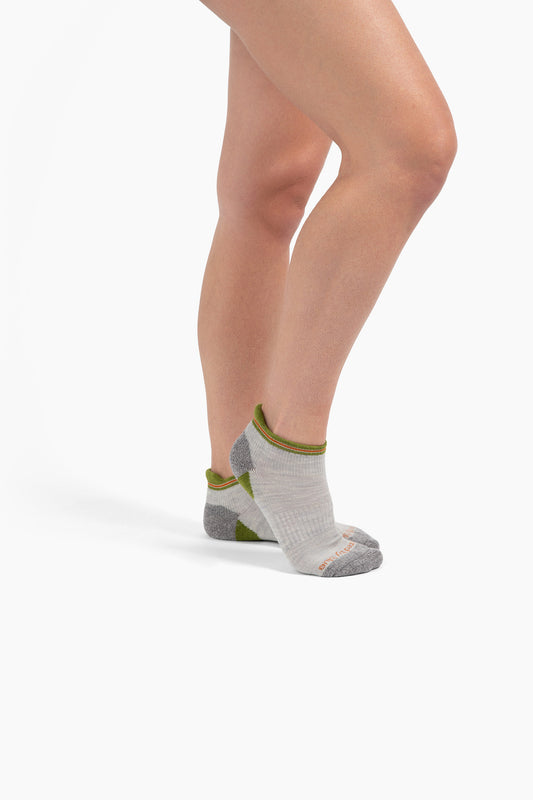 Grey Stripe Merino Wool - Low Cut Sock (In-use): Low-cut ankle socks with olive green heel tab and striped cuff