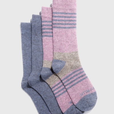 Pink and Heather Blue Striped Yak Wool - Everyday Crew Sock - 2 Pack (Flat-lay): Two crew socks, one solid blue, one pink with gray stripes and heel accents