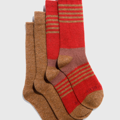 Sienna and Red Striped Yak Wool - Everyday Crew Sock - 2 Pack (Flat-lay): Two pairs of crew socks, one tan solid, one red striped with brown accents