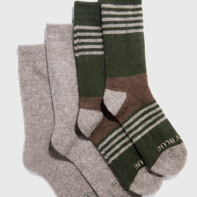 Tan and Green Striped Yak Wool - Everyday Crew Sock - 2 Pack (Flat-lay): Two pairs of crew socks, one solid tan, one green striped with brown heel