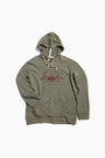 Dark Olive Bison Impact Hoodie (Flat-lay): Olive pullover hoodie with burgundy bison mountain graphic and kangaroo pocket