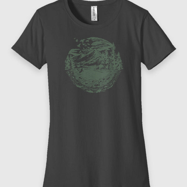 charcoal Womens Fit Graphic Tee in 100% Organic Cotton - Downstream (Front): Charcoal crewneck tee with green circular mountain, river and forest landscape graphic