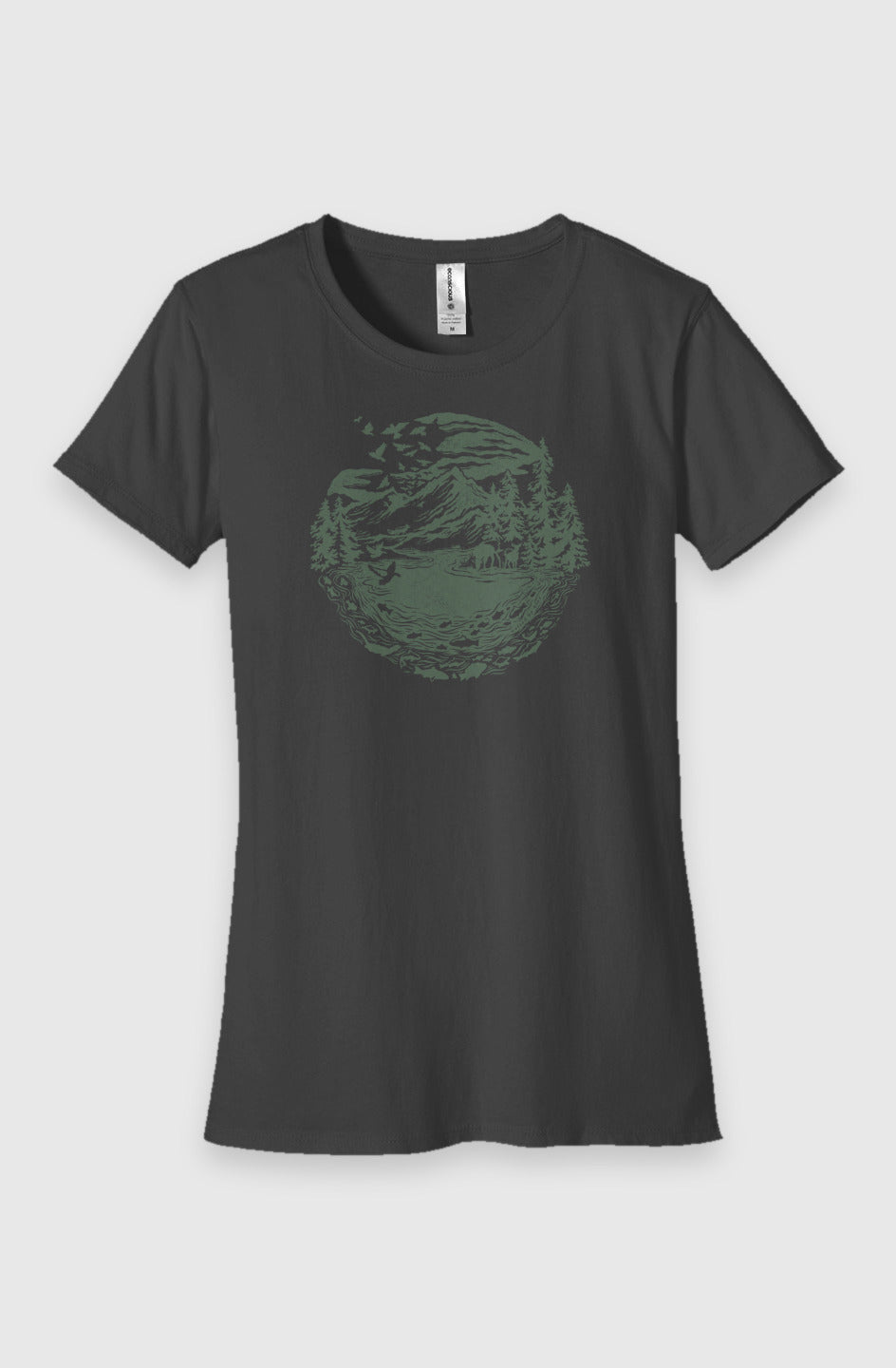 charcoal Womens Fit Graphic Tee in 100% Organic Cotton - Downstream (Front): Charcoal crewneck tee with green circular mountain, river and forest landscape graphic