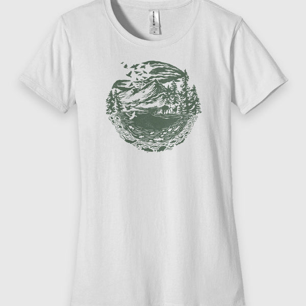 white Womens Fit Graphic Tee in 100% Organic Cotton - Downstream (Front): White crewneck tee with green circular mountain, river and forest landscape graphic