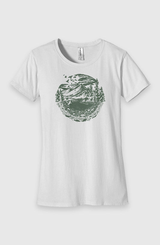 white Womens Fit Graphic Tee in 100% Organic Cotton - Downstream (Front): White crewneck tee with green circular mountain, river and forest landscape graphic