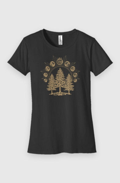 Black Womens Fit Graphic Tee in 100% Organic Cotton - Lunar Phases (Front): Black short-sleeve tee with gold pine trees and moon phases graphic