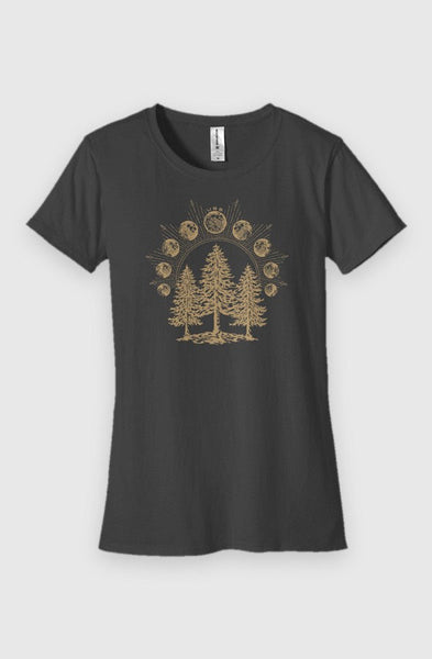 charcoal Womens Fit Graphic Tee in 100% Organic Cotton - Lunar Phases (Front): Dark gray tee with gold pine trees and moon phases arc graphic