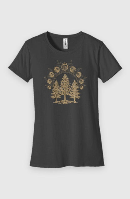 charcoal Womens Fit Graphic Tee in 100% Organic Cotton - Lunar Phases (Front): Fitted charcoal-grey tee with gold pine forest and lunar phase arc print