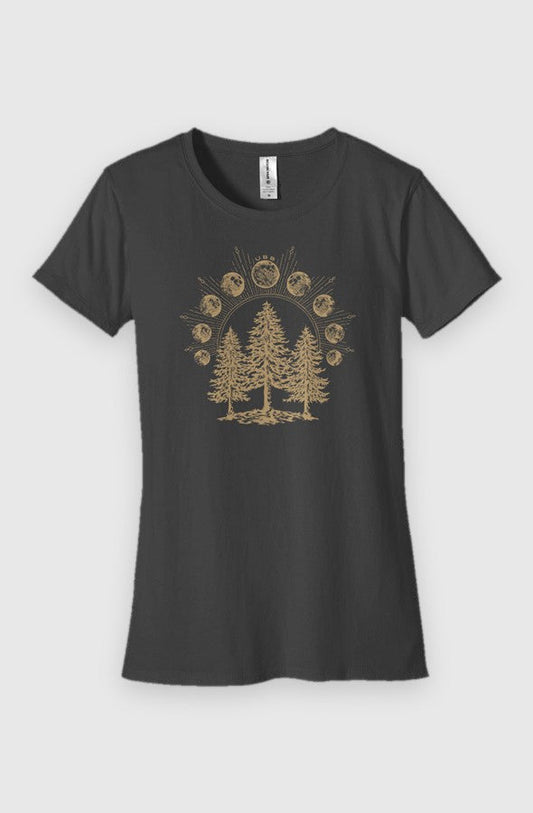 charcoal Womens Fit Graphic Tee in 100% Organic Cotton - Lunar Phases (Front): Dark gray tee with gold pine trees and moon phases arc graphic