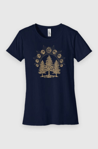 navy Womens Fit Graphic Tee in 100% Organic Cotton - Lunar Phases (Front): Navy tee with gold pine trees and lunar phases arc graphic