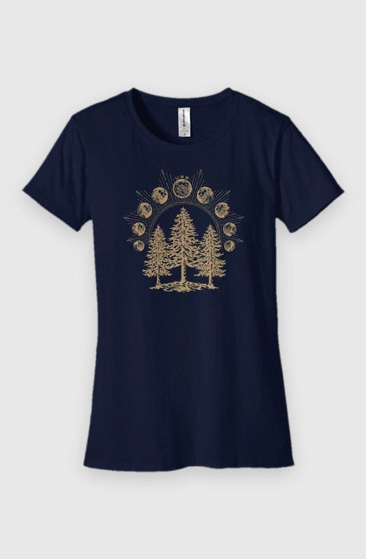 navy Womens Fit Graphic Tee in 100% Organic Cotton - Lunar Phases (Front): Navy tee with gold pine trees and lunar phases arc graphic