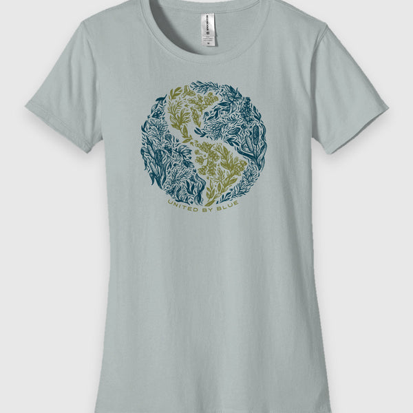 Sky Womens Fit Graphic Tee in 100% Organic Cotton - Rooted (Front): Sky crewneck tee with navy and olive botanical medallion and brand text