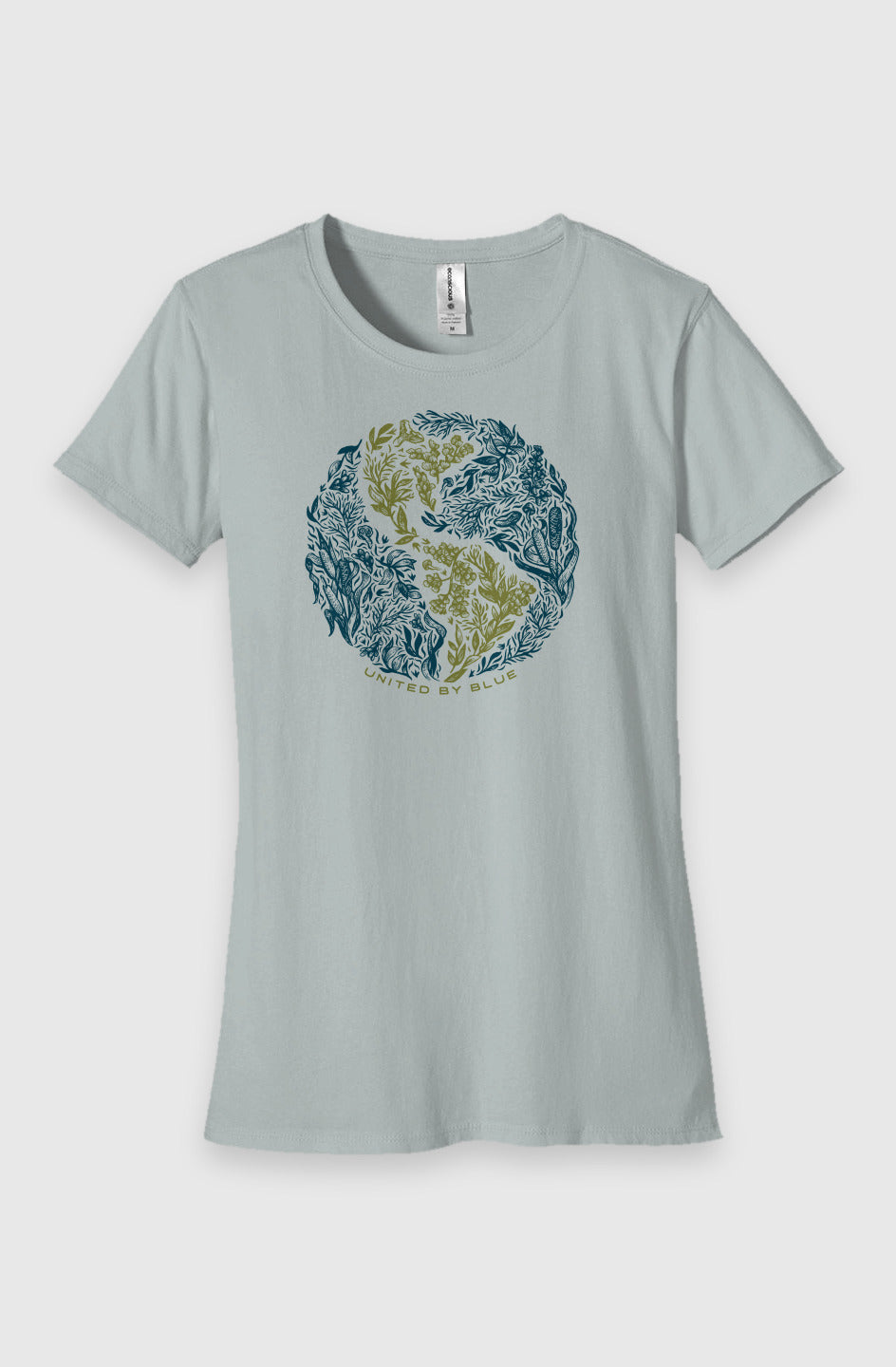 Sky Womens Fit Graphic Tee in 100% Organic Cotton - Rooted (Front): Sky crewneck tee with navy and olive botanical medallion and brand text