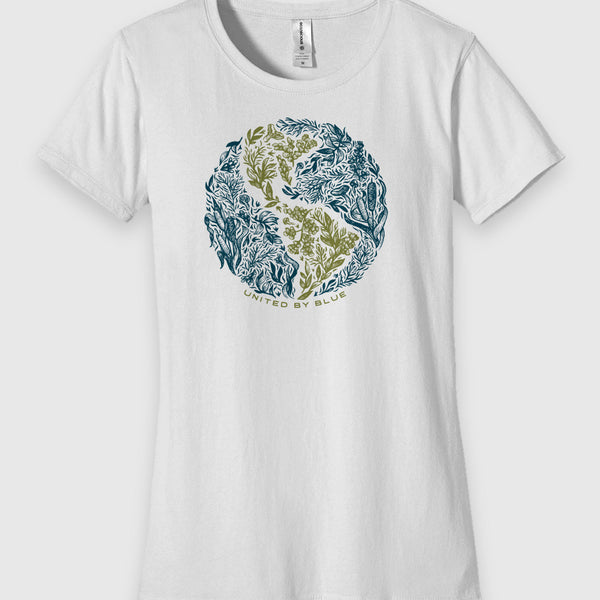 white Womens Fit Graphic Tee in 100% Organic Cotton - Rooted (Front): White crewneck tee with navy and olive botanical medallion and brand text