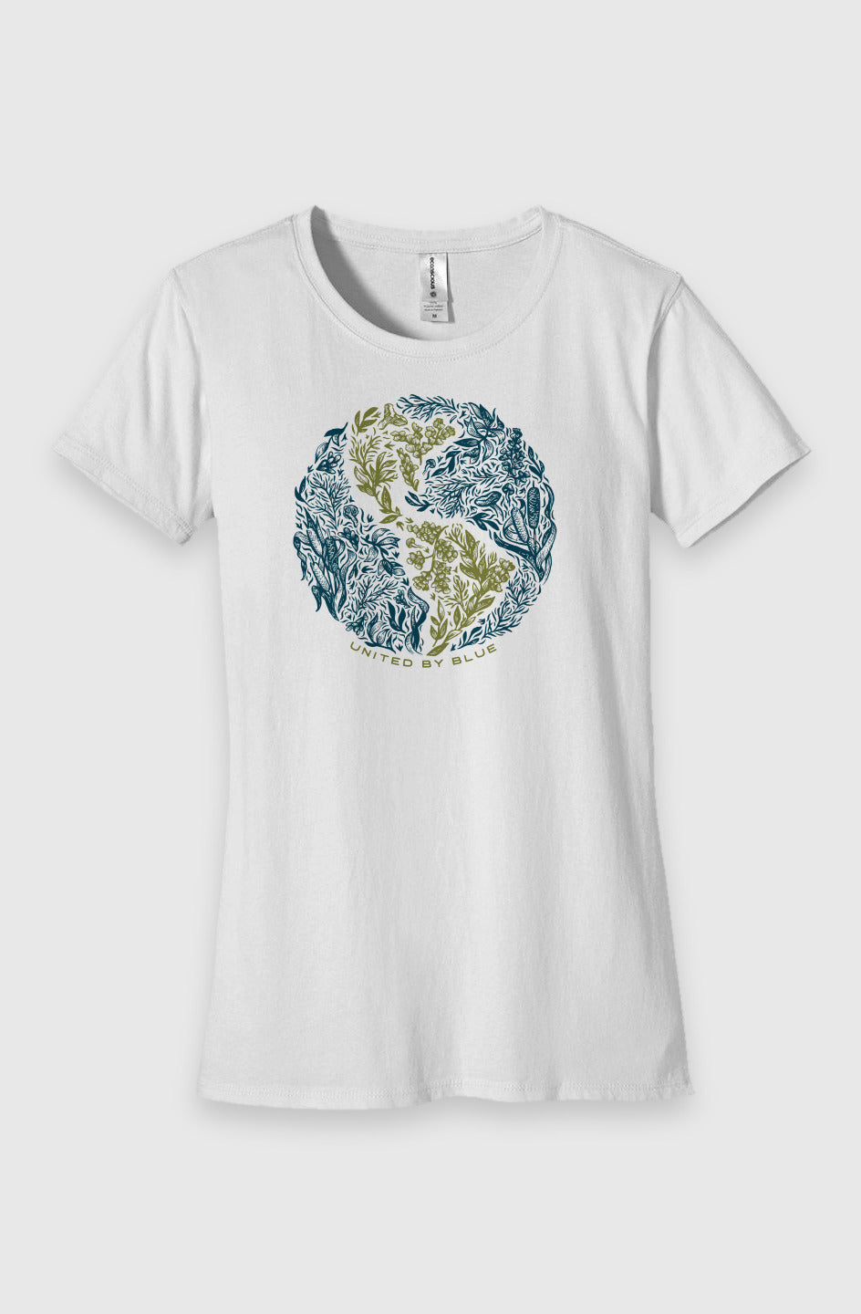 white Womens Fit Graphic Tee in 100% Organic Cotton - Rooted (Front): White crewneck tee with navy and olive botanical medallion and brand text