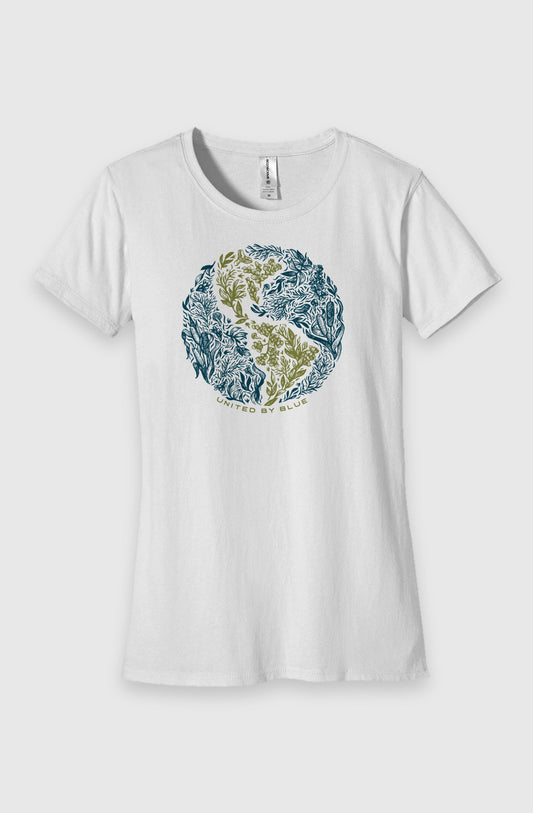 white Womens Fit Graphic Tee in 100% Organic Cotton - Rooted (Front): White crewneck tee with navy and olive botanical medallion and brand text