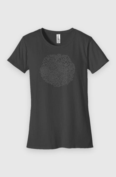charcoal Womens Fit Graphic Tee in 100% Organic Cotton - Succulents (Front): Dark gray crew neck tee with subtle circular succulent print on chest