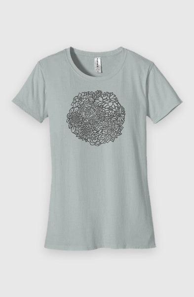 Sky Womens Fit Graphic Tee in 100% Organic Cotton - Succulents (Flat-lay): Light blue-gray tee with circular succulent plant illustration on chest