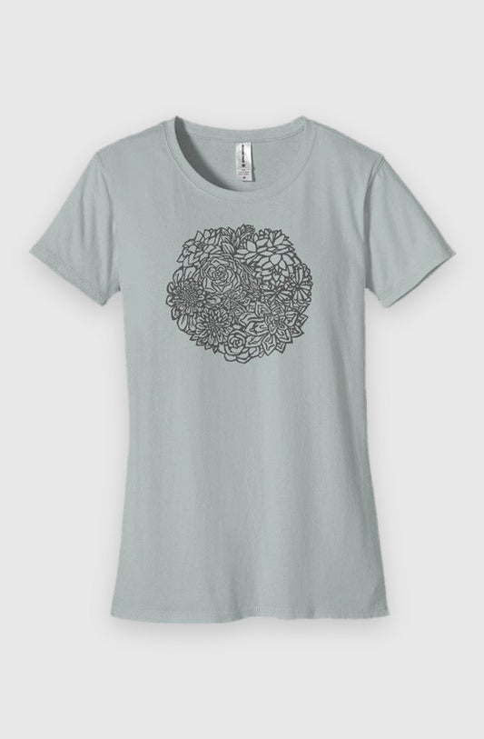 Sky Womens Fit Graphic Tee in 100% Organic Cotton - Succulents (Flat-lay): Light blue-gray tee with circular succulent plant illustration on chest