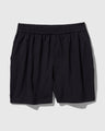 Black Recycled Sport Short (Flat-lay): Black elastic-waist shorts with side pockets and slightly crinkled fabric