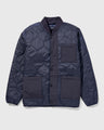 Night Sky Bison Ultralight Liner Jacket (Flat-lay): Navy quilted button-front jacket with ribbed collar and three patch pockets