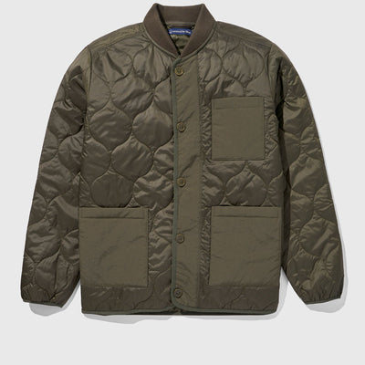 Forest Floor Bison Ultralight Liner Jacket (Flat-lay): Olive quilted bomber jacket with snap buttons and three patch pockets