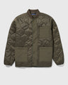 Forest Floor Bison Ultralight Liner Jacket (Flat-lay): Olive quilted bomber jacket with snap buttons and three patch pockets