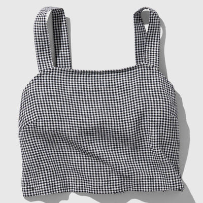 Black Linen Cropped Tank (Flat-lay): Black and white gingham check cropped tank with wide square straps