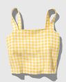 Cream Gold Linen Cropped Tank (Flat-lay): Yellow and white gingham cropped tank top with wide shoulder straps