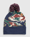 Lakeside Camo Recycled Novelty Pom Beanie (Flat-lay): Navy knit beanie with multicolor duck print and mixed pom-pom on top