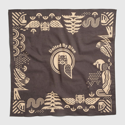 Dark Brown Organic Hoot Bandana (Flat-lay): Dark brown square bandana with tan owl and nature geometric border print
