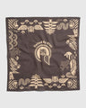 Dark Brown Organic Hoot Bandana (Flat-lay): Dark brown square bandana with tan owl, bird, and geometric border print