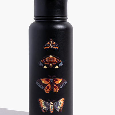 Ebony Insulated Steel Bottle 32 Oz. (Front): Matte black bottle with four illustrated moths printed vertically on body