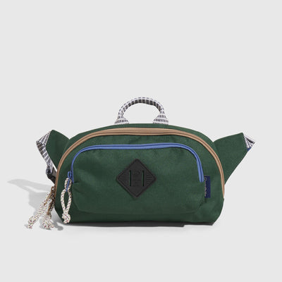 Pine (R)evolution™ 3L Utility Fanny Pack (Front): Forest green fanny pack with blue zipper, tan trim, and rope pull
