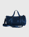 Blueberry (Re)active™ 16L Mini Duffle (Angle): Navy blue mesh duffle with top handles, crossbody strap, and buckle straps