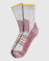 Red Bison Wool Trail Sock (Angle): Light grey crew socks with burgundy heel, toe, and stripe accents, yellow cuff trim