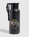 Black Ink Insulated Steel Bottle 32 Oz. (Angle): Matte black bottle with colorful patchwork bison graphic and carry strap
