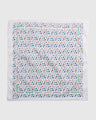 Egret Organic Bandana (Flat-lay): White bandana with multicolor abstract spots and repeated brand text border