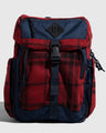 True Red Recycled Wool 9L Sidekick (Front): Red plaid wool backpack with navy trim, front buckle strap, side mesh pocket