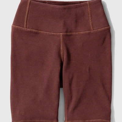 Chocolate EcoKnit™ Ribbed Bike Short (Flat-lay): Dark brown ribbed bike shorts with wide waistband and side pockets