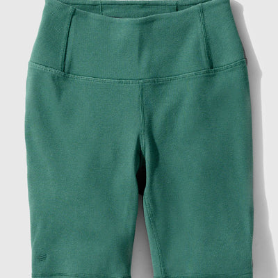 Jade EcoKnit™ Ribbed Bike Short (Flat-lay): Teal ribbed bike shorts with wide waistband and side pockets