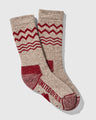 Red The Ultimate Bison Wool Sock (Flat-lay): Tan wool crew socks with red zigzag stripes and reinforced heel and toe