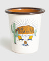 Cream Desert Chill Enamel 12 Oz. Tumbler (Angle): White enamel tumbler, brown rim, desert scene with mesa, cacti, campfire