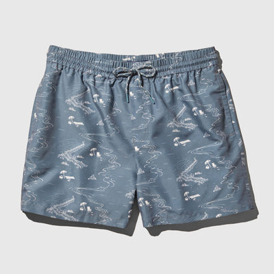Stone Blue Recycled Swim Trunk - 5" (Flat-lay): Steel blue swim trunks with white beach scene print and drawstring waist
