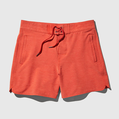 Ketchup The Responsible Board Short - 5" (Flat-lay): Red-orange board shorts with lace-up drawstring, side slash pockets, scalloped hem