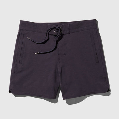 Night Sky The Responsible Board Short - 5" (Flat-lay): Dark navy board shorts with drawstring waist and side slash pockets