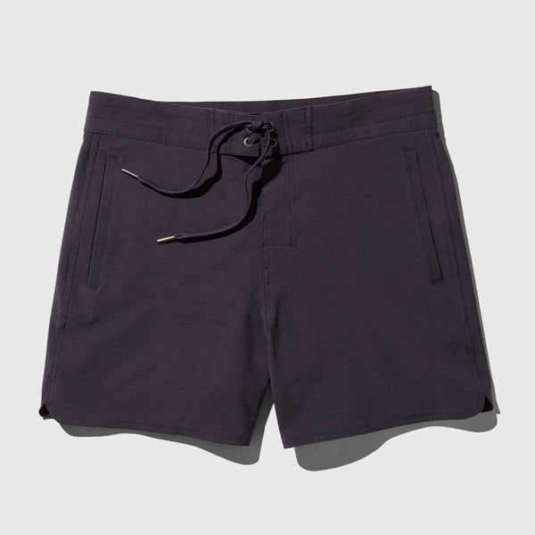 Night Sky The Responsible Board Short - 5" (Flat-lay): Dark navy shorts with drawstring waist, side pockets, and split hem