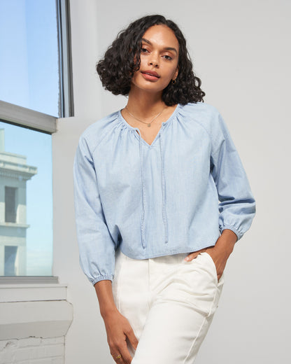 Womens Organic Chambray Peasant Blouse United By Blue Womens Organic Chambray Peasant Blouse United By Blue