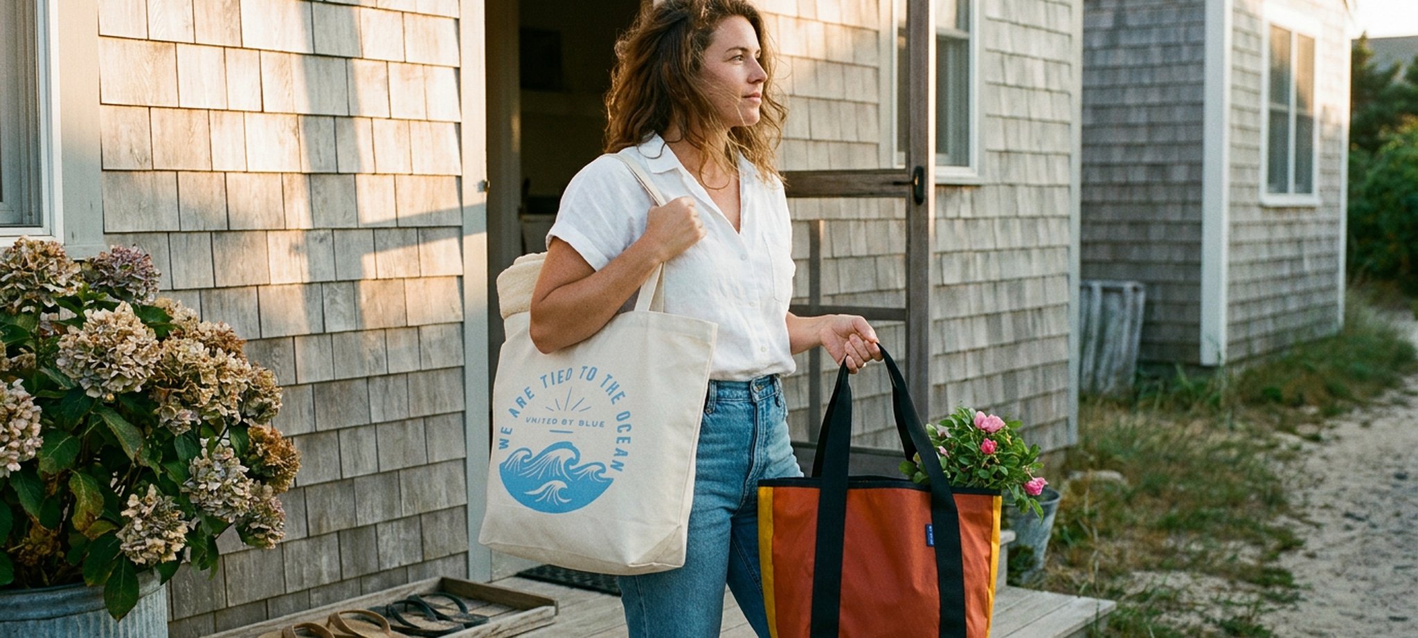 Memorial Day Sale at United By Blue — woman holding canvas totes on a cedar shake cottage porch at golden hour